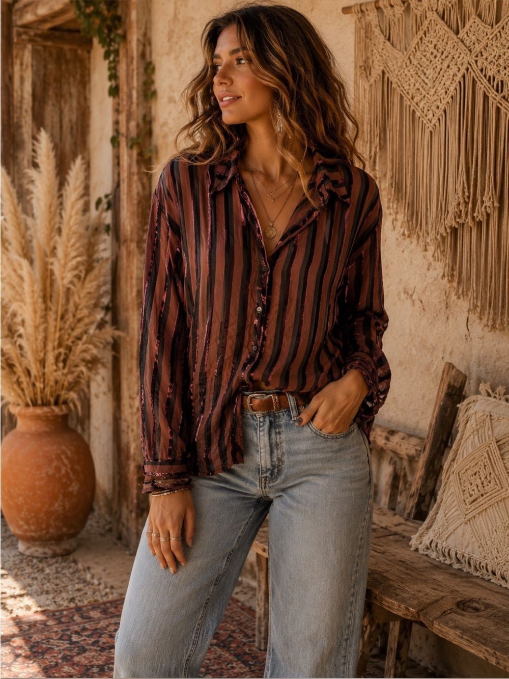 Paige silk velvet Striped Button-Down Shirt - Brown/Pink